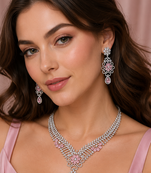 Rhodium finish baby pink diamond necklace set