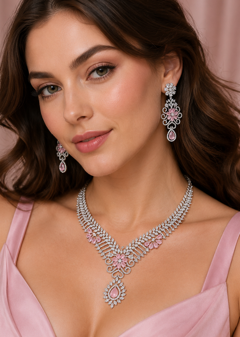 Rhodium finish baby pink diamond necklace set