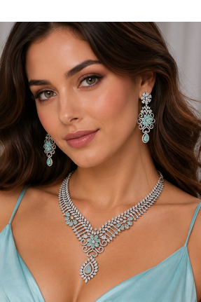 Rhodium finish light turquoise diamond necklace set 3