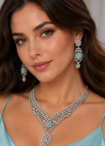 Rhodium finish light turquoise diamond necklace set