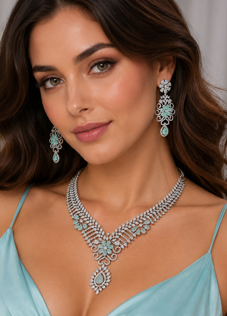 Rhodium finish light turquoise diamond necklace set