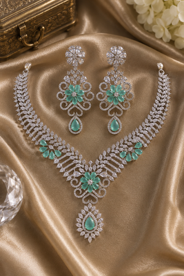 Rhodium finish light turquoise diamond necklace set 4