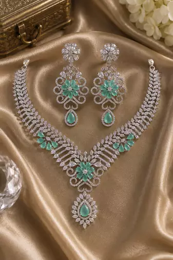 Rhodium finish light turquoise diamond necklace set
