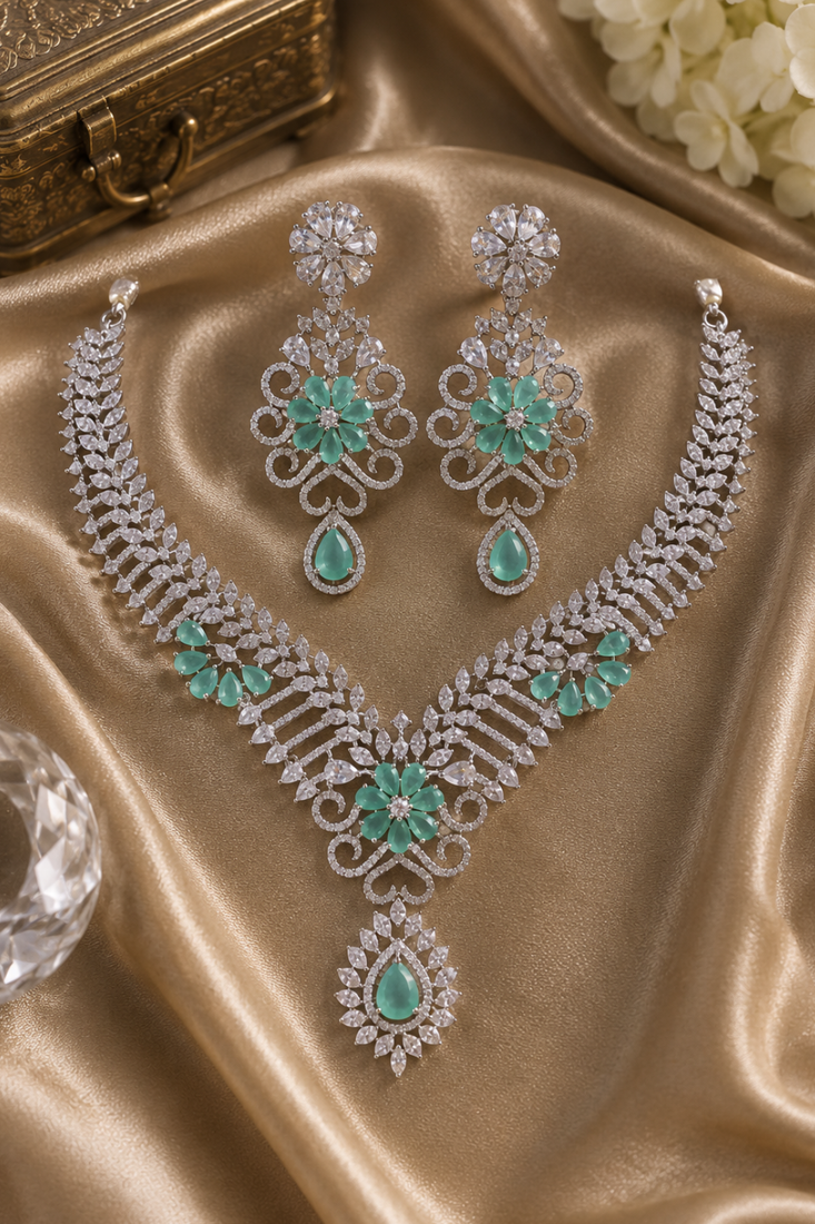 Rhodium finish light turquoise diamond necklace set