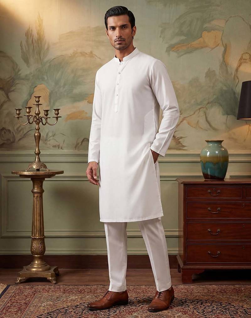 Mens white silk blend solid solid kurta