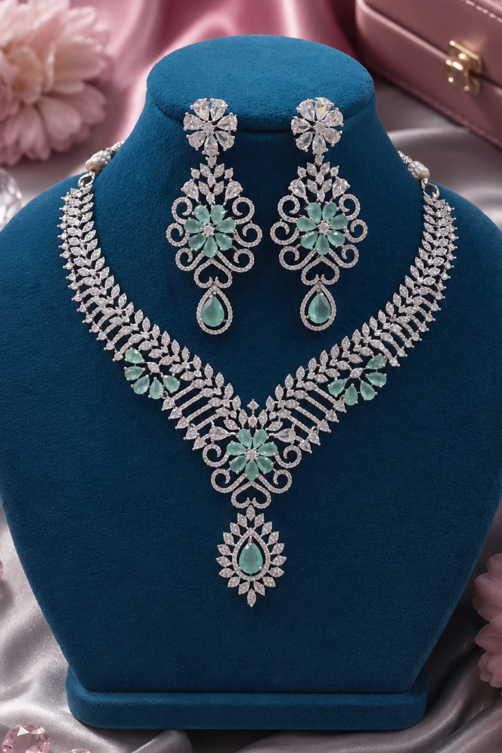 Rhodium finish light turquoise diamond necklace set