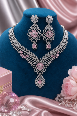 Rhodium finish baby pink diamond necklace set 2