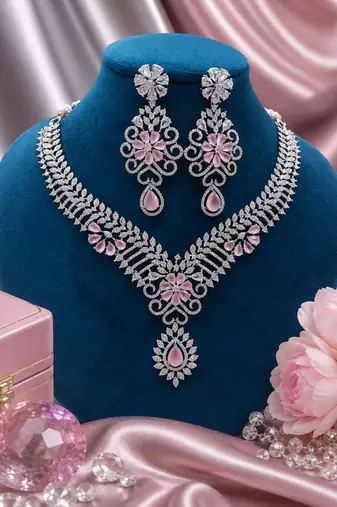 Rhodium finish baby pink diamond necklace set