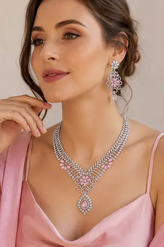 Rhodium finish baby pink diamond necklace set