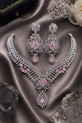 Rhodium finish baby pink diamond necklace set 4