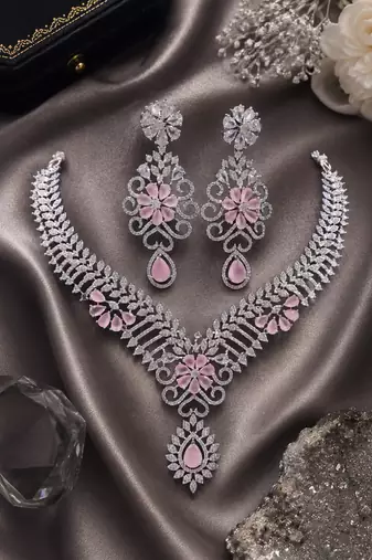 Rhodium finish baby pink diamond necklace set