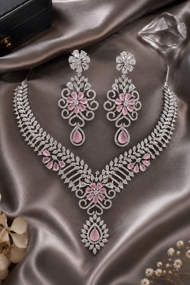 Rhodium finish baby pink diamond necklace set 5