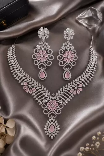 Rhodium finish baby pink diamond necklace set