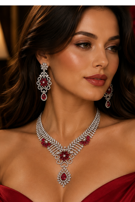 Rhodium Finish Electric Red Diamond Necklace Set 1