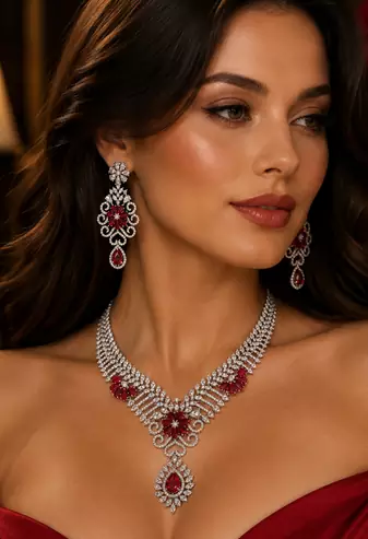 Rhodium Finish Electric Red Diamond Necklace Set
