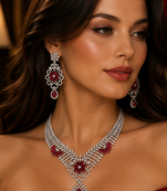 Rhodium Finish Electric Red Diamond Necklace Set