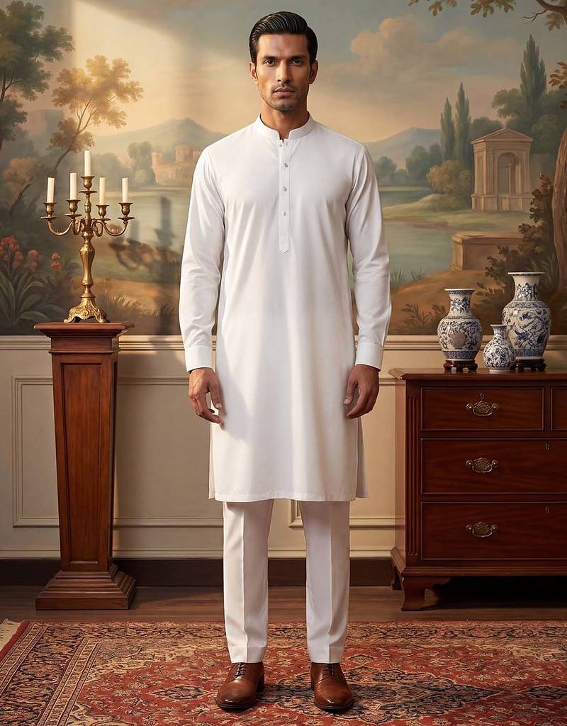 Mens white silk blend solid solid kurta