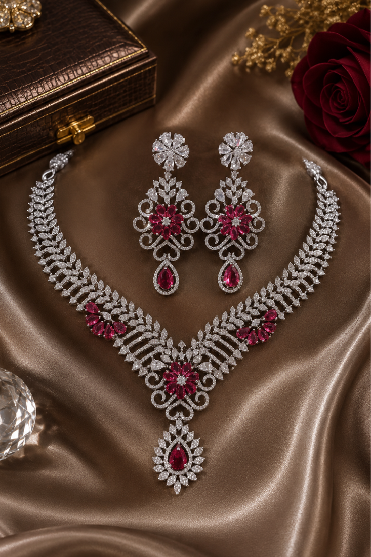 Rhodium Finish Electric Red Diamond Necklace Set