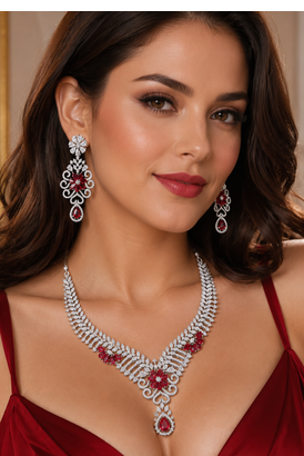 Rhodium Finish Electric Red Diamond Necklace Set 3