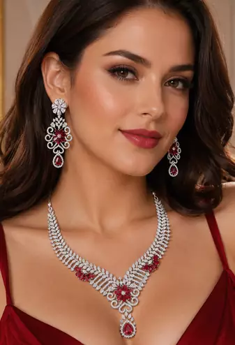 Rhodium Finish Electric Red Diamond Necklace Set