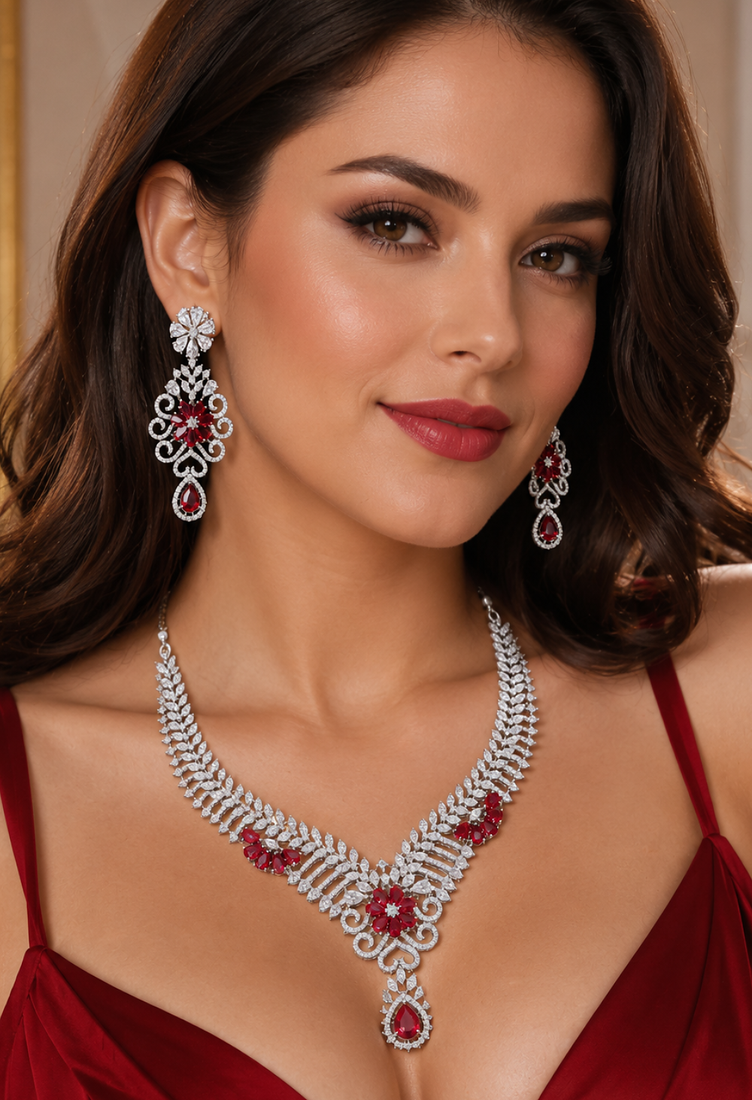 Rhodium Finish Electric Red Diamond Necklace Set