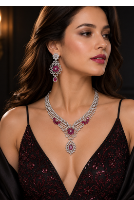 Rhodium Finish Ruby Stone Diamond Necklace Set 1