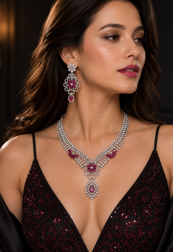 Rhodium Finish Ruby Stone Diamond Necklace Set