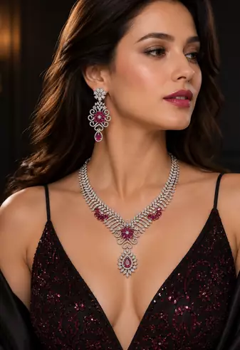 Rhodium Finish Ruby Stone Diamond Necklace Set
