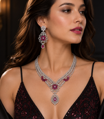 Rhodium Finish Ruby Stone Diamond Necklace Set