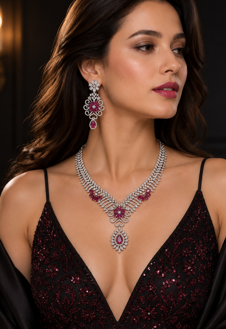 Rhodium Finish Ruby Stone Diamond Necklace Set