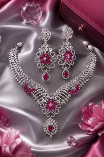 Rhodium Finish Ruby Stone Diamond Necklace Set