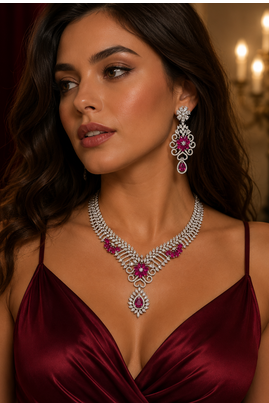 Rhodium Finish Ruby Stone Diamond Necklace Set 3