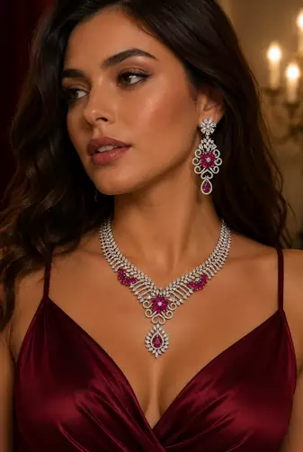Rhodium Finish Ruby Stone Diamond Necklace Set