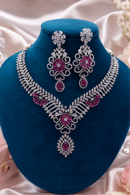 Rhodium Finish Ruby Stone Diamond Necklace Set 4