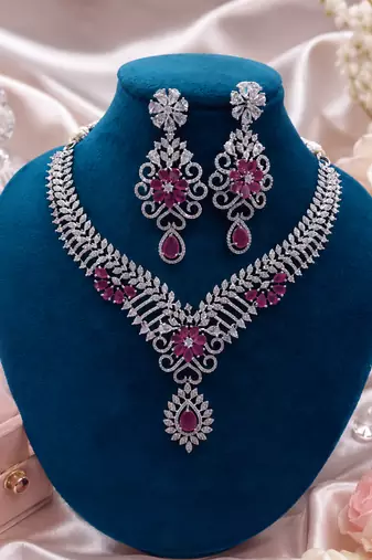 Rhodium Finish Ruby Stone Diamond Necklace Set