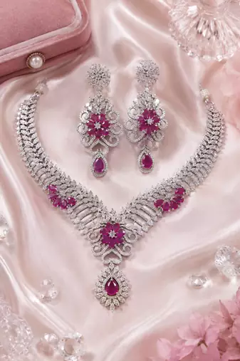 Rhodium Finish Ruby Stone Diamond Necklace Set