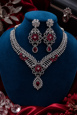 Rhodium Finish Electric Red Diamond Necklace Set 4