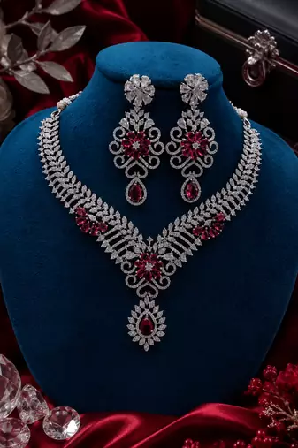 Rhodium Finish Electric Red Diamond Necklace Set