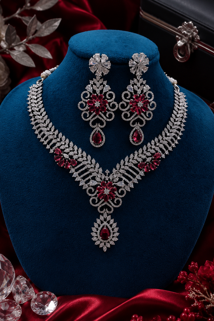 Rhodium Finish Electric Red Diamond Necklace Set