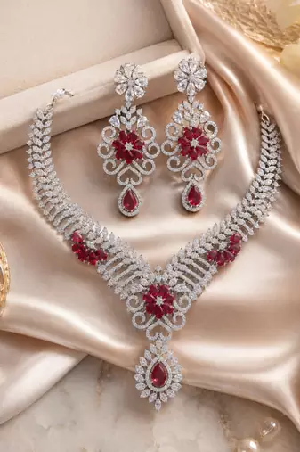 Rhodium Finish Electric Red Diamond Necklace Set