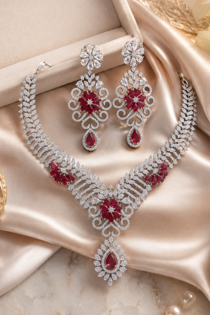 Rhodium Finish Electric Red Diamond Necklace Set