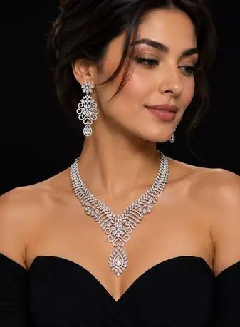 White Rhodium Finish Diamond Necklace Set