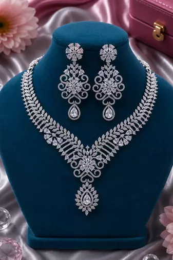 White Rhodium Finish Diamond Necklace Set