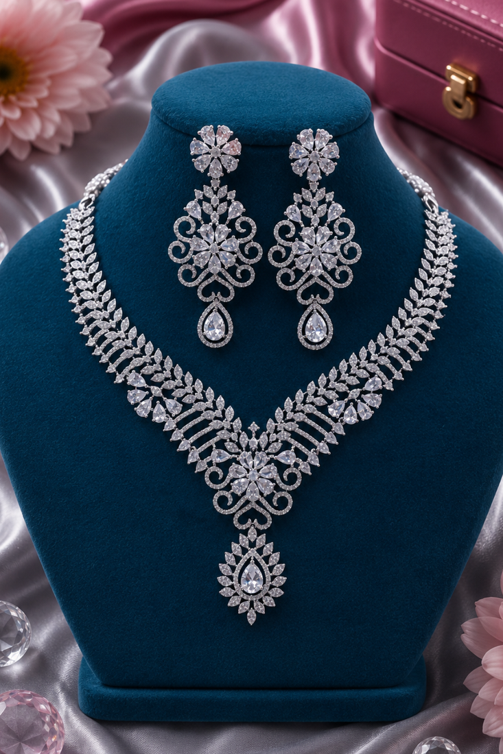 White Rhodium Finish Diamond Necklace Set