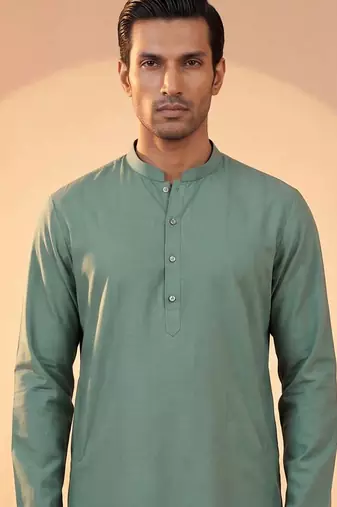 Mens green silk blend solid solid kurta