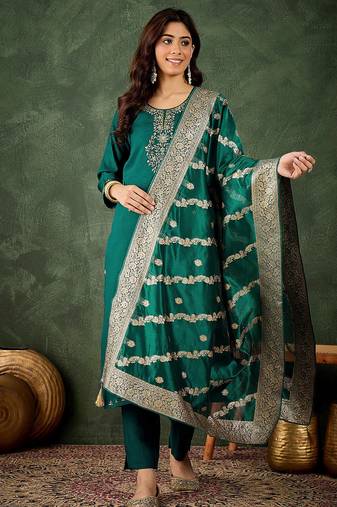 Floral embroidered viscose rayon round neck kurta trouser & dupatta set