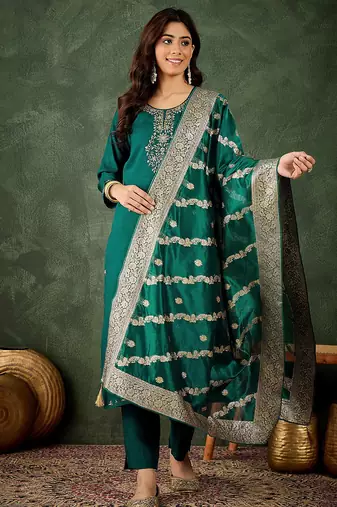 Floral embroidered viscose rayon round neck kurta trouser & dupatta set