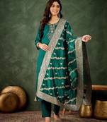 Floral embroidered viscose rayon round neck kurta trouser & dupatta set