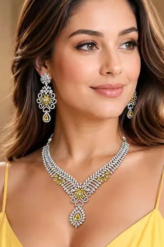 Rhodium Finish Electric Yellow Honey Diamond Necklace Set
