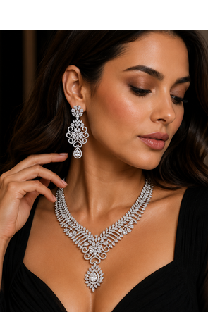 White Rhodium Finish Diamond Necklace Set 3